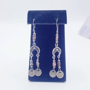 Cute Boho Moons With Beads And Antique Coins Dangly Earrings